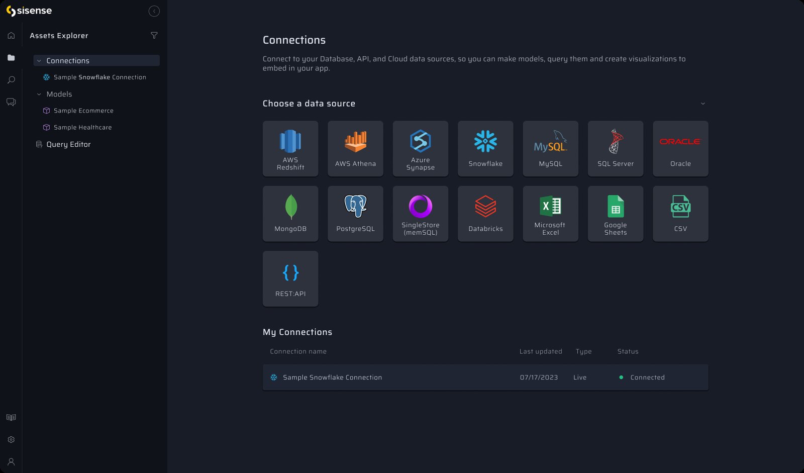 Connections page with the data source picker
