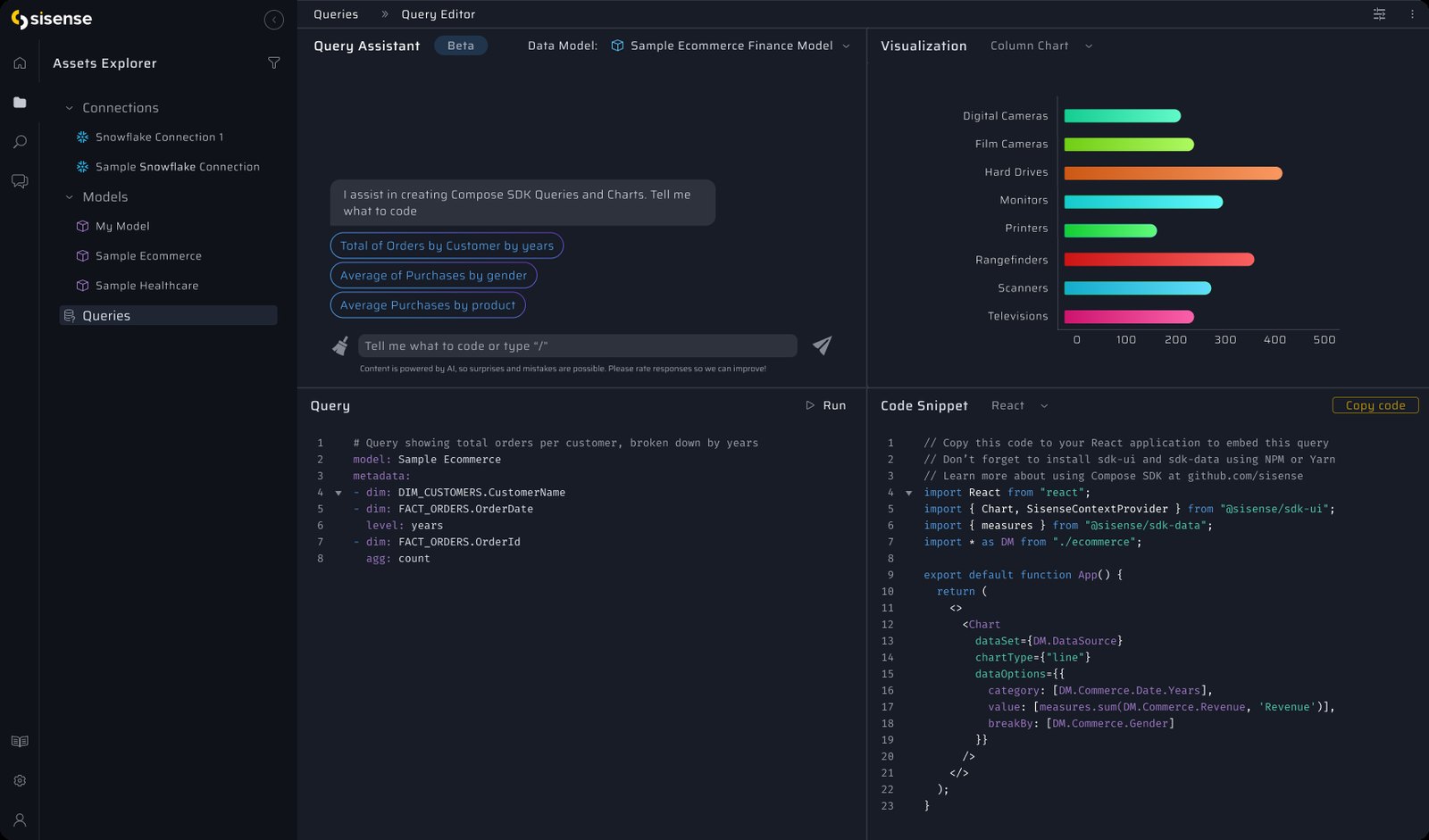 Query editor with the query assistant, chart preview, and generated React code